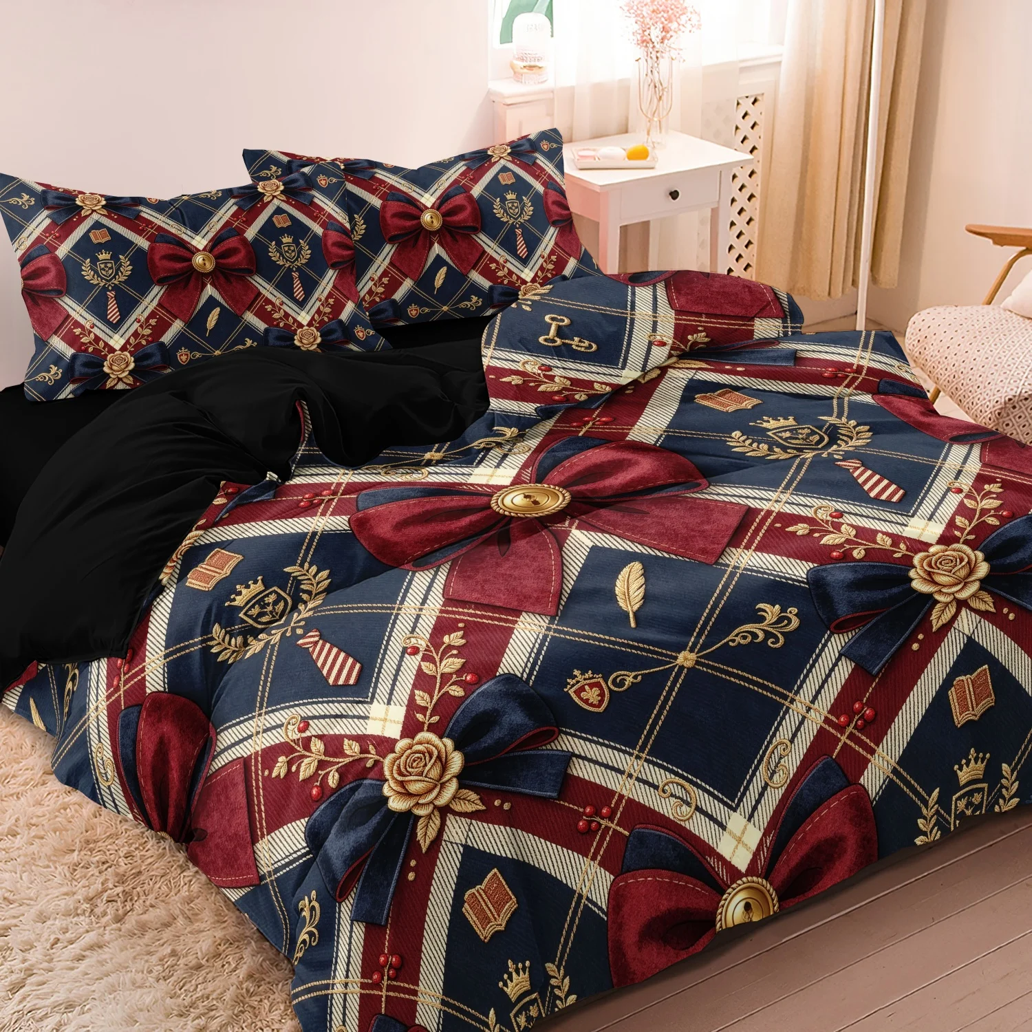 3pcs Plaid Bow Duvet Cover Set, Dark Blue Crown Rose Book Feather Print Bedding Set, For Family Bedrooms Dormitories Hotels