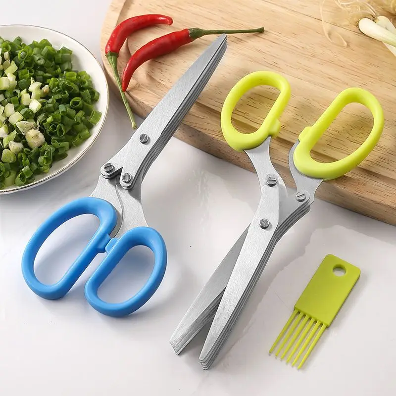 Multifunctional Five Layers Scallion Cut Straight Stainless Steel Cutting Pepper Cilantro Scallion Seaweed Tool Kitchen Scissors