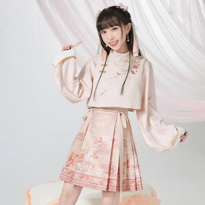 New Sweet Cute Retro New Chinese Style Modified Tie Han Elements Horse Face Skirt Short Women Tangsuits Ming Hanfu Set