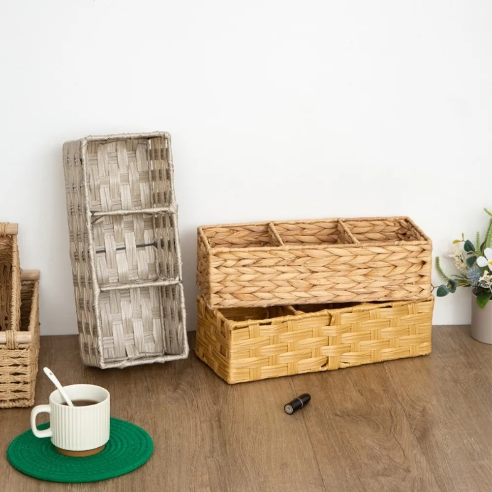 3-Section Storage Box Multi-Purpose Large Capacity Woven Storage Basket Space Saving Decorative Desktop Organizer Desktop
