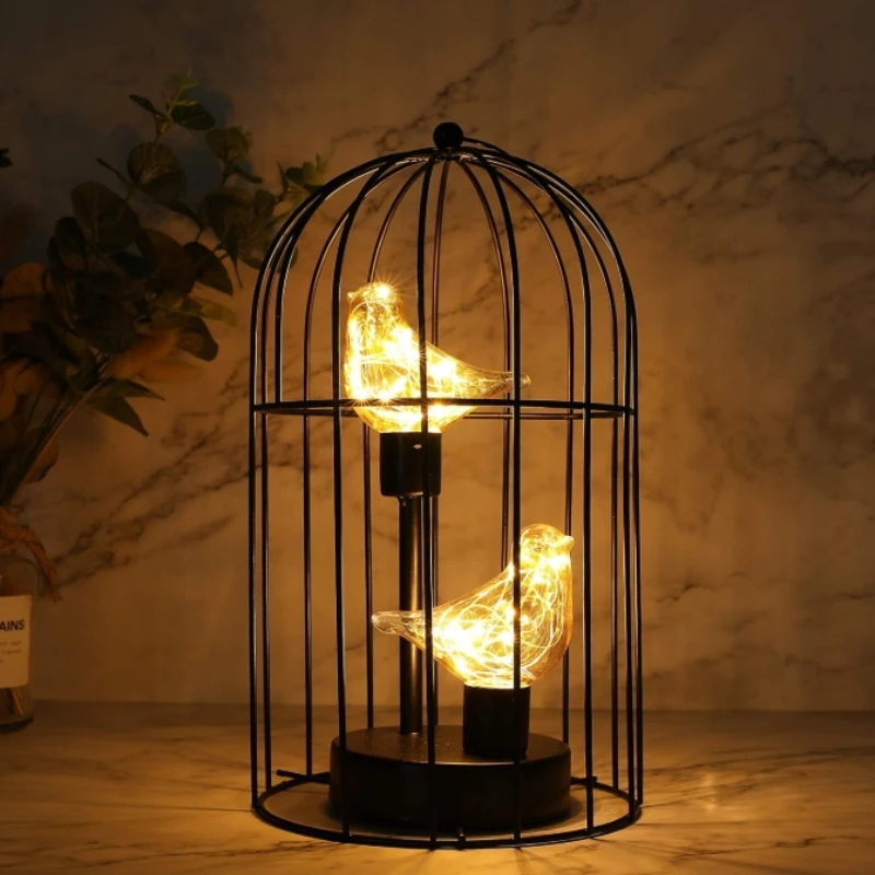 Birdcage Decorative Lamp Table Lamp with Warm White Fairy Lights Bird Bulb for Indoor Bedroom Living Room Home Wedding Xmas