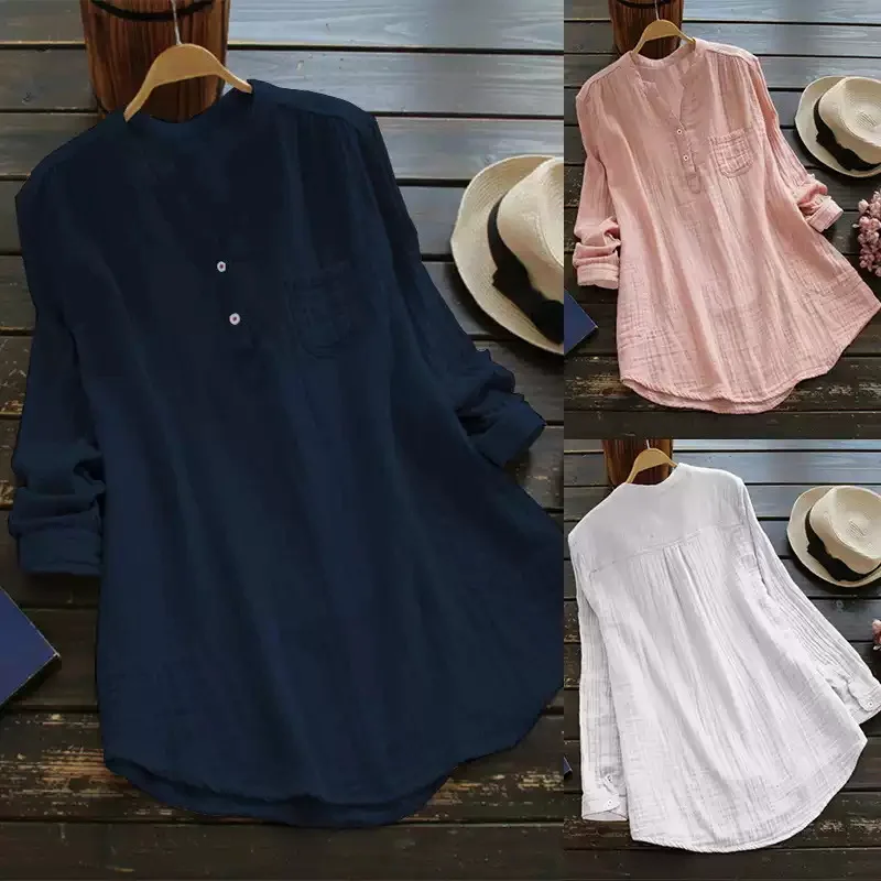 Women Button T Shirt V Neck Solid Long Sleeve Top Pullover Spliced Casual Tops Pocket Loose Lady Streetwear Spring Summer