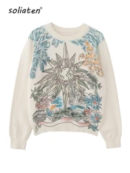 2024 Fall Winter Women Casual Style Floral Pattern Printing Pullover Sweater Classic Crew Neck Knit Tops C-069-3