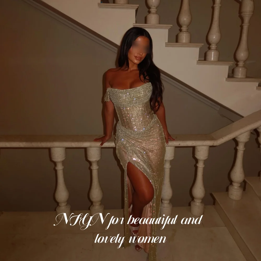 NFYN Luxury Champe Silver Sequin Prom Dress Off Shoulder Draped Evening Gown High Slit Mermaid Red Carpet Party Dress Customized