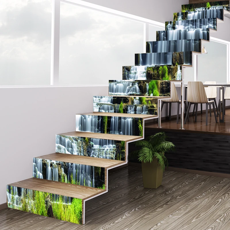 Green Mountains Waterfall Vinyl Staircase Stickers Self Adhesive for Pastoral Home Decorations Aesthetic Rooms Stair Art Mural
