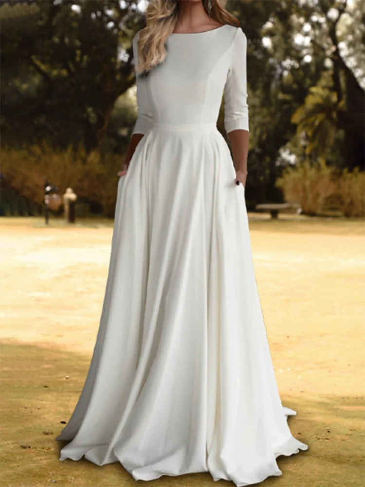 Customized Stain 3/4 Sleeve Wedding Dresses A-line Belt Solid Color Floor Length O-Neck Formal Dress