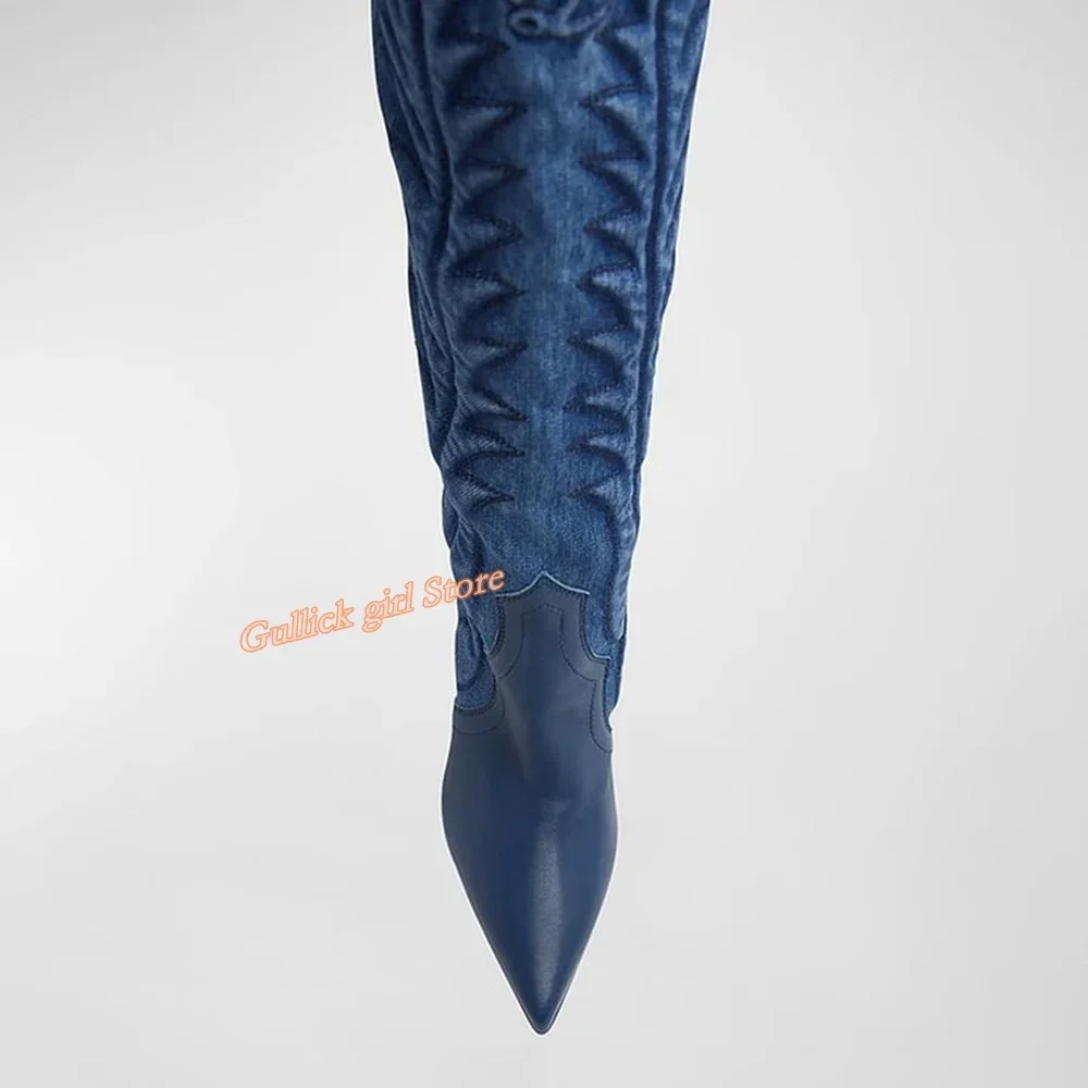 Blue Denim Pointed Toe Stitch Boots Detailing Chunky Heel Knee High Tan Vegan Cowgirl Boots Pointy Toe Runway Women Dress Shoes