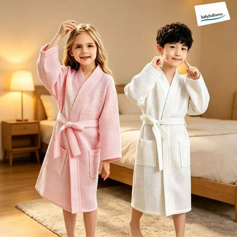 Sommer-Kinder-Bademantel aus Baumwolle mit Waffelmuster, Weicher Saugfähiger Kimono-Bademantel mit Gürtel für Jungen und Mädchen, Nach dem Bad, Spa, als Schlafanzug – Detail 4