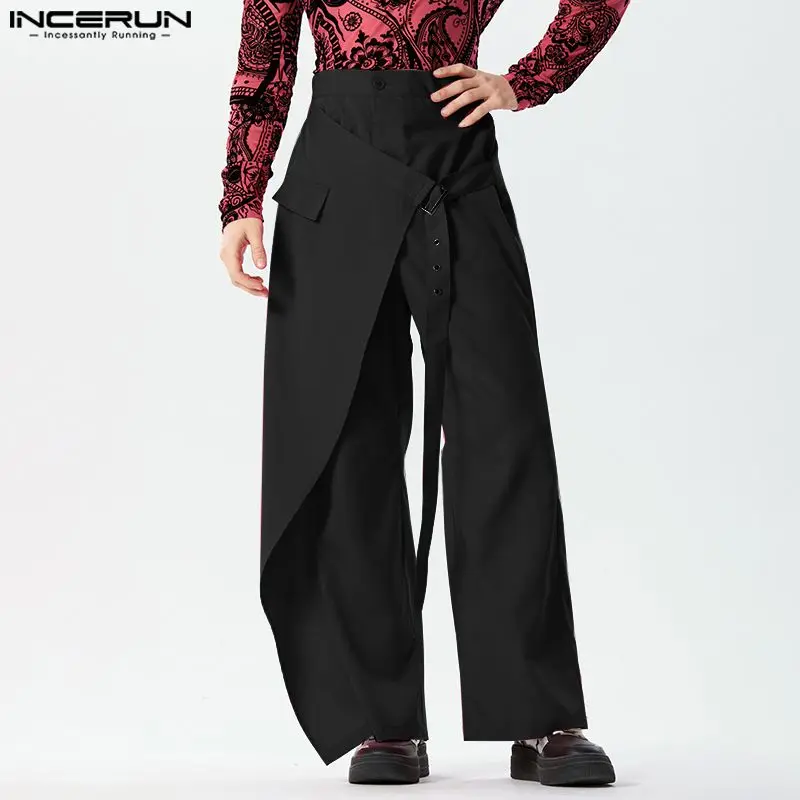 INCERUN 2023 American Style Fashion Men Pantalons Fake Two-piece Metal Buckle Pants Leisure Street Solid Wide Leg Trousers S-5XL