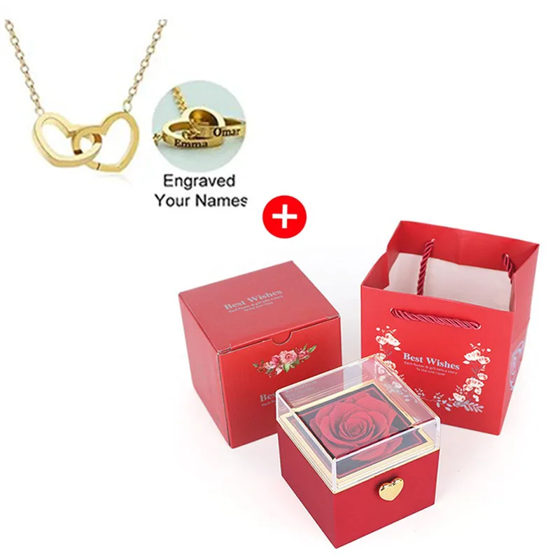 2025 Personalized Custom Names Heart Necklace Auto Rotating Rose Box Pendant Jewelry Gift For Valentine's Anniversary Present