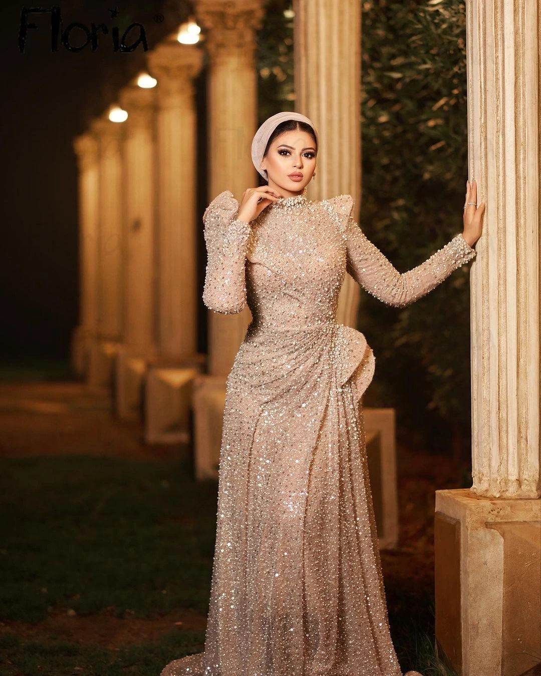 Dubai Muslim Wedding Party Dress Luxury Champagne Long Sleeve Prom Dresses Engagement Dress Celebrity Gown Plus Size Custom Made