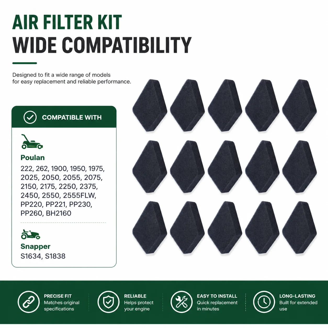 15Pcs Air Filter For Poulan 2150,2175,2250,2375,2450,2550,2555FLW,PP220,PP221,PP230,PP260,BH2160 Snapper S1634,S1838 530037793