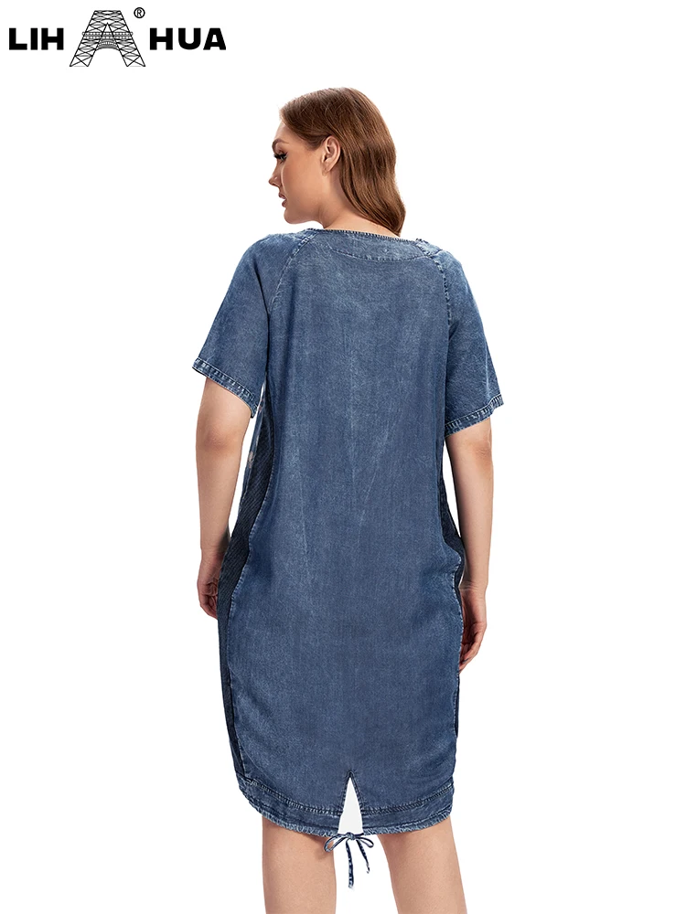 LIH HUA-Robe en denim grande taille pour femmes potelées, robes chics et élégantes, robe en coton tissé, automne