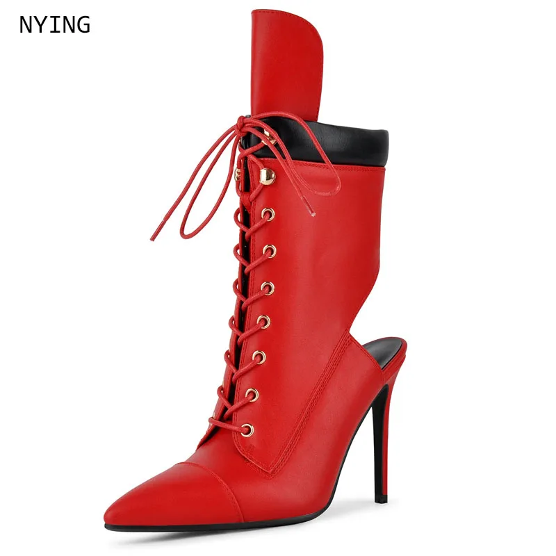 Botines de cuero rojo brillante para mujer, con punta en pico, cordones delanteros, abertura lateral, botines con tacón de aguja fino y cuello en contraste negro