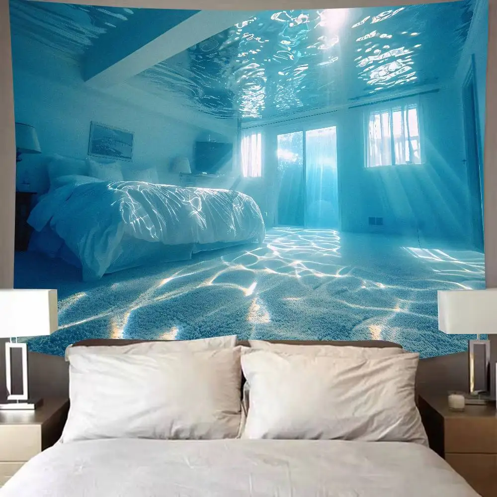 Cool Dreamcore Style Tapestry, Surreal Liminal Space Abandoned Indoor Scene Blue Mysterious Liminal Aesthetic Wall Home Decor