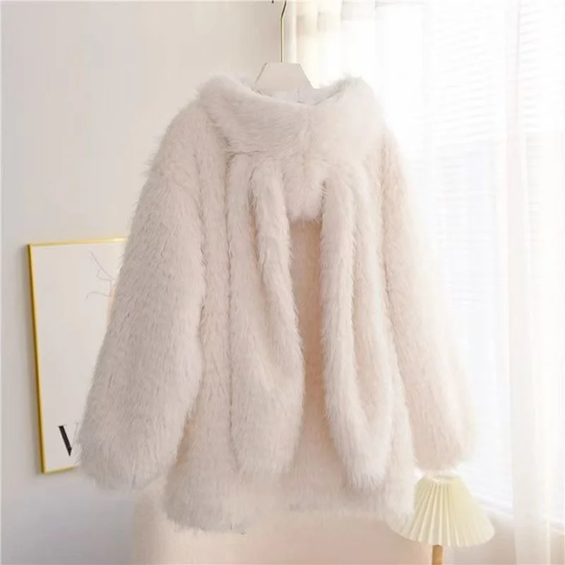 Cute Rabbit Ear Plu Jaet Women's Autumn Winter New Sle Sweet Loose Thiened Hoodie Outerwear Soft Cozy Comfortable