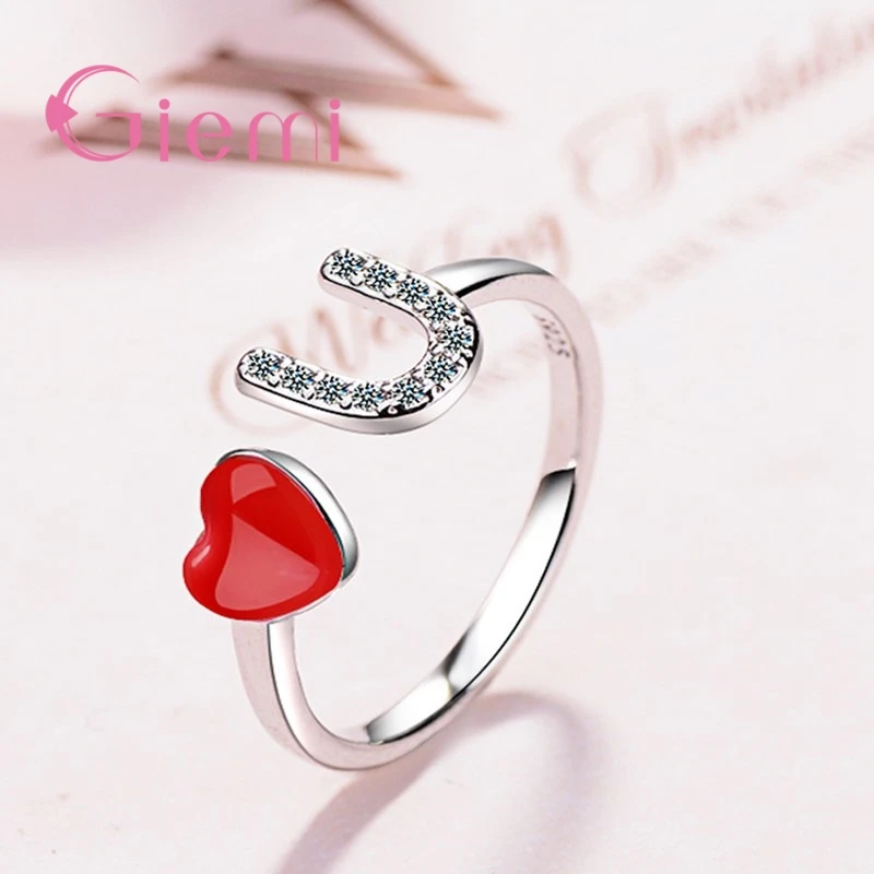 Anillo de tamaño ajustable con apertura de piedra de cristal en forma de amor para regalo de novia, joyería y circonita cúbica