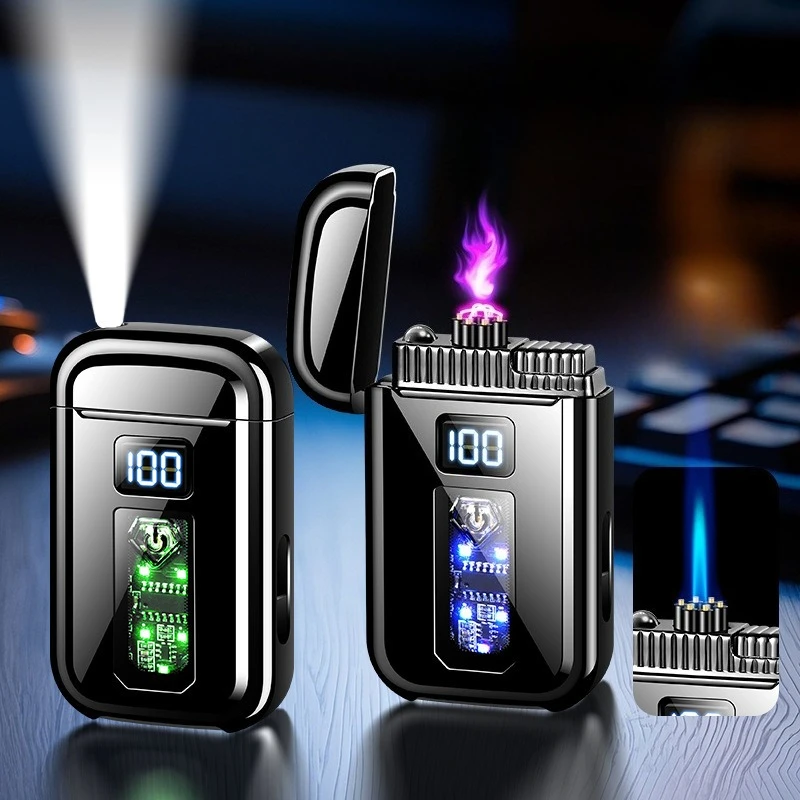 2-in-1 Windproof 6-Arc Pulse Type-C Electric Lighter Digital Battery Display Outdoor Lighting Jet Blue Flame Torch Gas Lighters
