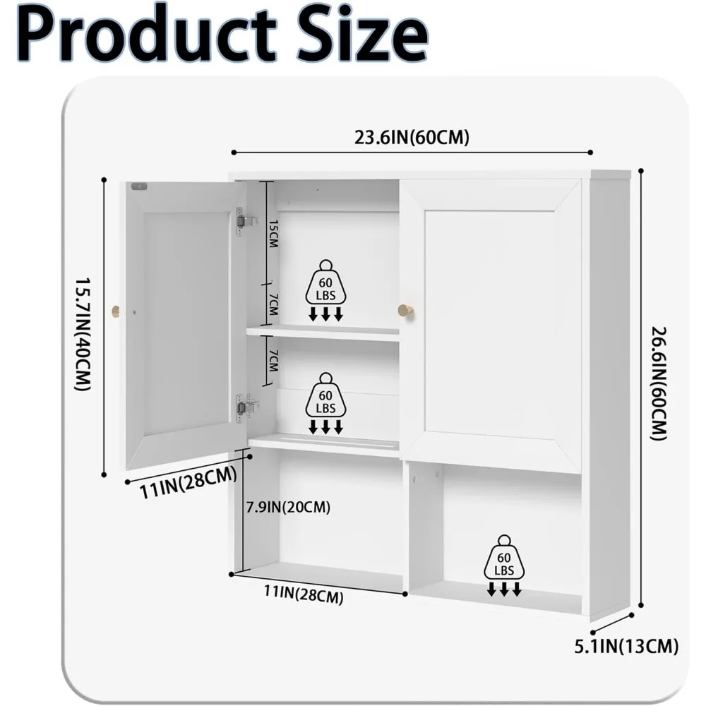 خزانة حائط للحمام، خزانة أدوية مع بابين وأرفف قابلة للتعديل، تخزين خشبي معلق من 3 طبقات فوق المرحاض، جدار أبيض