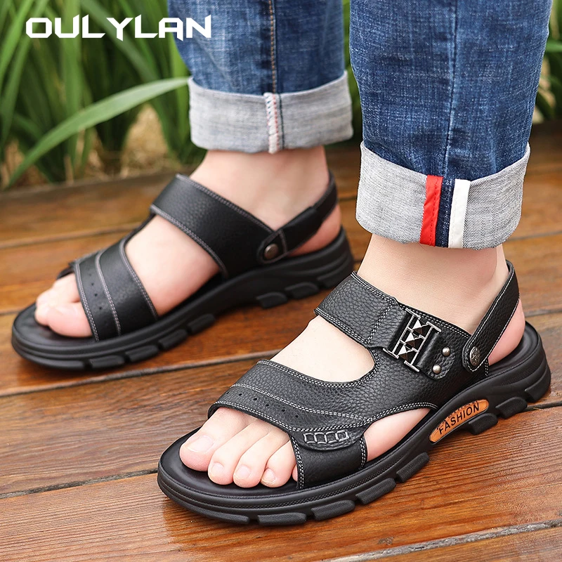 Oulylan-zapatillas de suela gruesa para hombre, sandalias antideslizantes de Punta abierta para conducir, zapatos de playa para adultos, novedad de verano