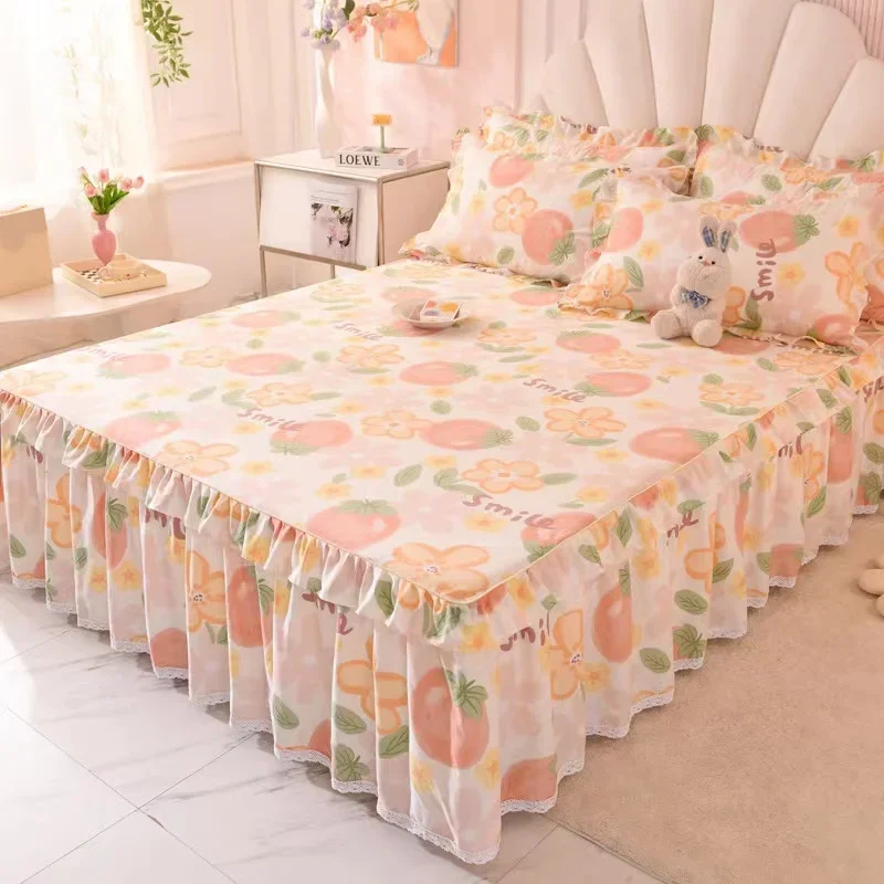 

3pcs Sheet Set High Grade 100% Cotton Printed Bedspread King Queen Size Cute Pure Cotton Thick Bed Skirt with 2pcs Pillowcase