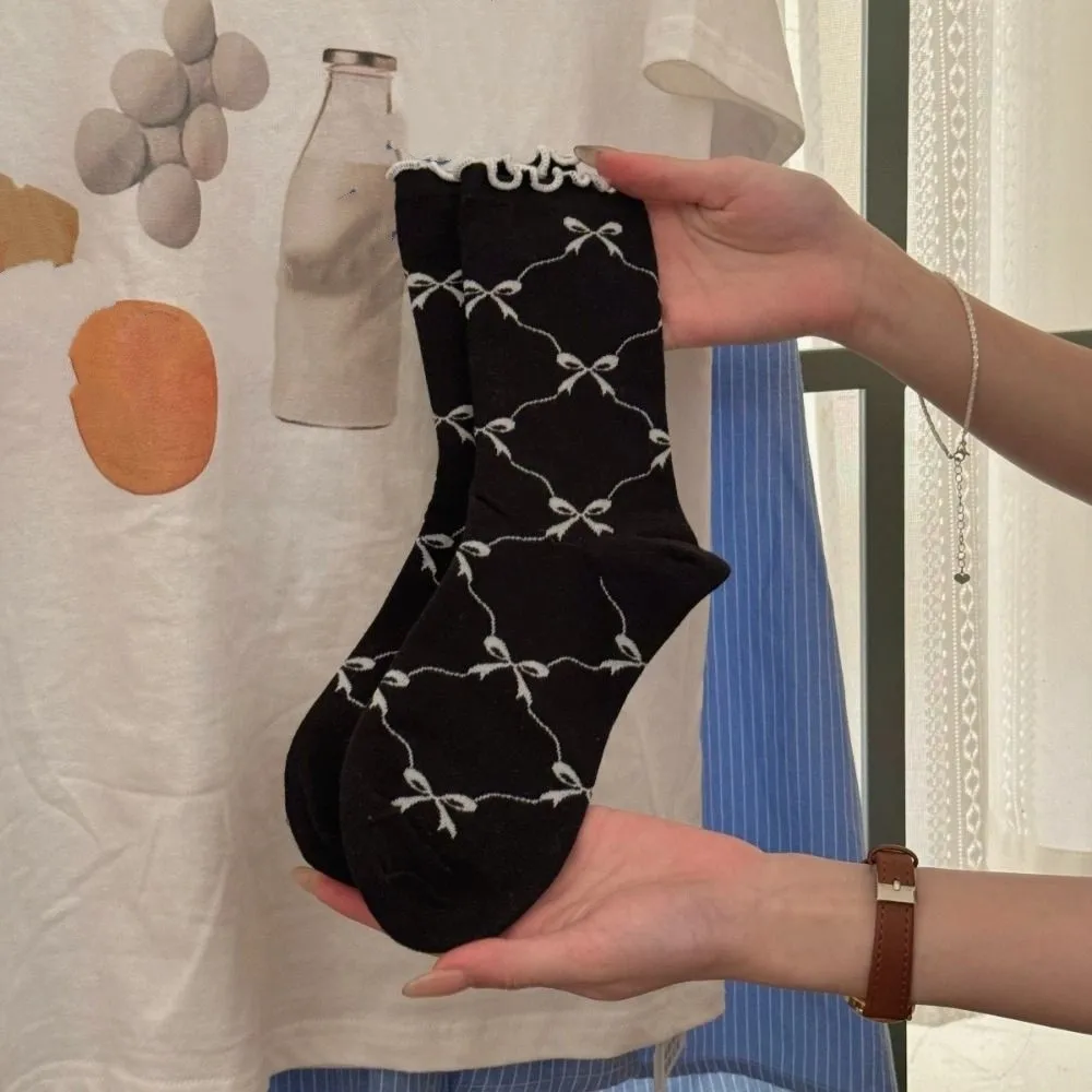 5 paia carino cotone sottile volant calzini con fiocco ins stile traspirante calzini a tubo centrale calze femminili lolita calzini dolci donna streetwear