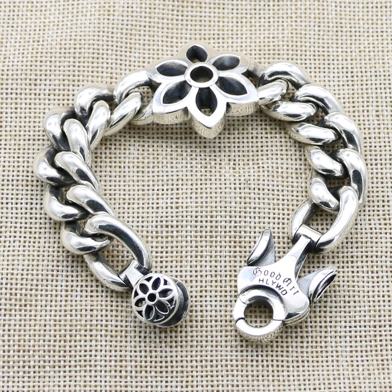 

Japanese trendy jewelry retro Thai silver six pointed star cherry blossom punk men's thick wide face s925 sterling silver bracel