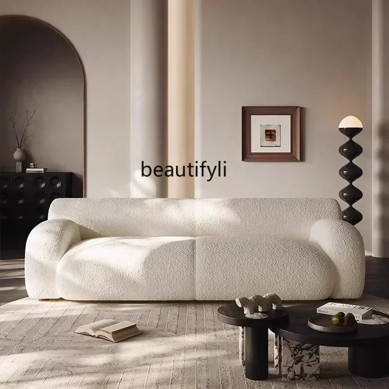2003    Nordic modern minimalist master, small apartment living room cream style lamb wool fabric sofa can be customized