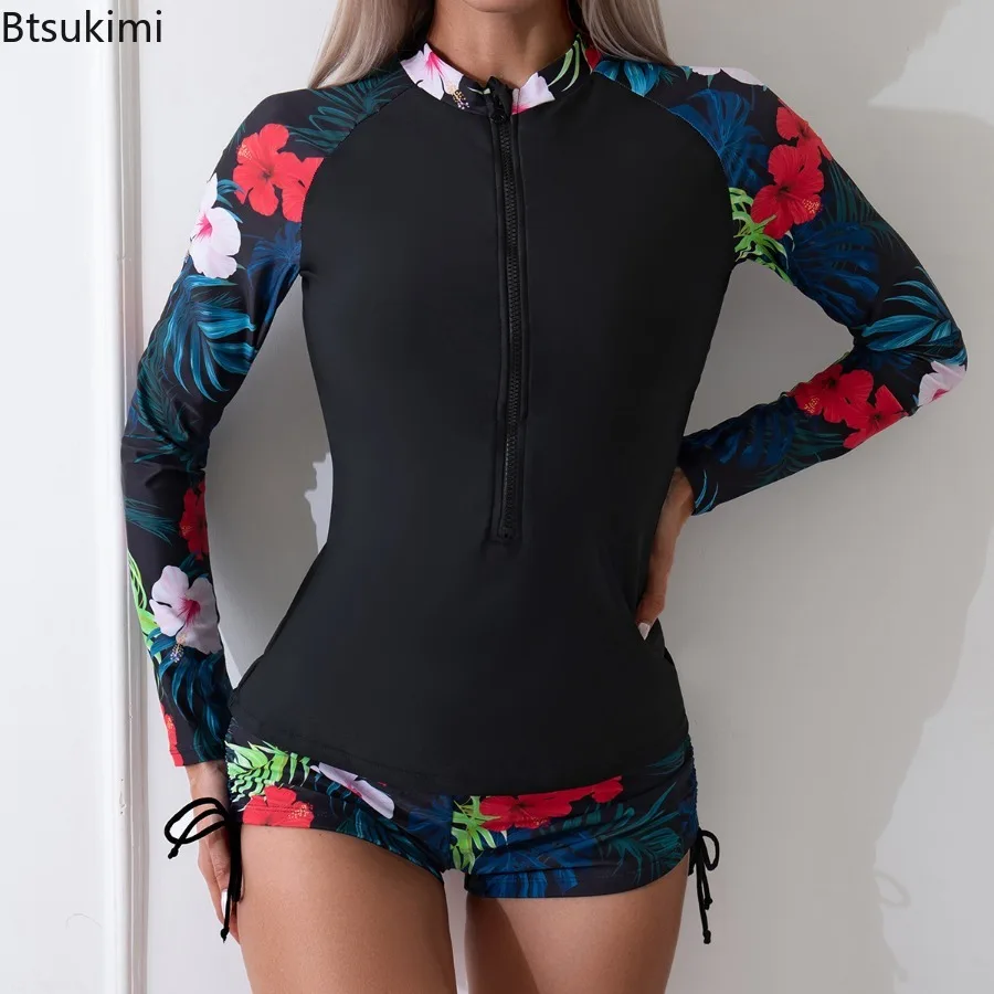 Women's Long Sleeved Printed Swimsuit Sports Surfing Split Swimsuit Zipper Two-piece Bikini High Neck Sun Protection Beachwear