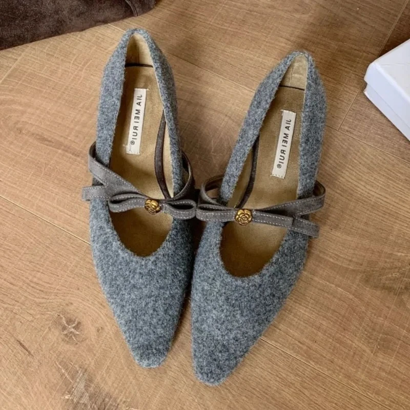 Bowknot Pointed Toe Low Heel Women Shoes Warm Elegant Office Dress Shoes Comfort New Autumn Winter Brand Mary Jane Shoes Women