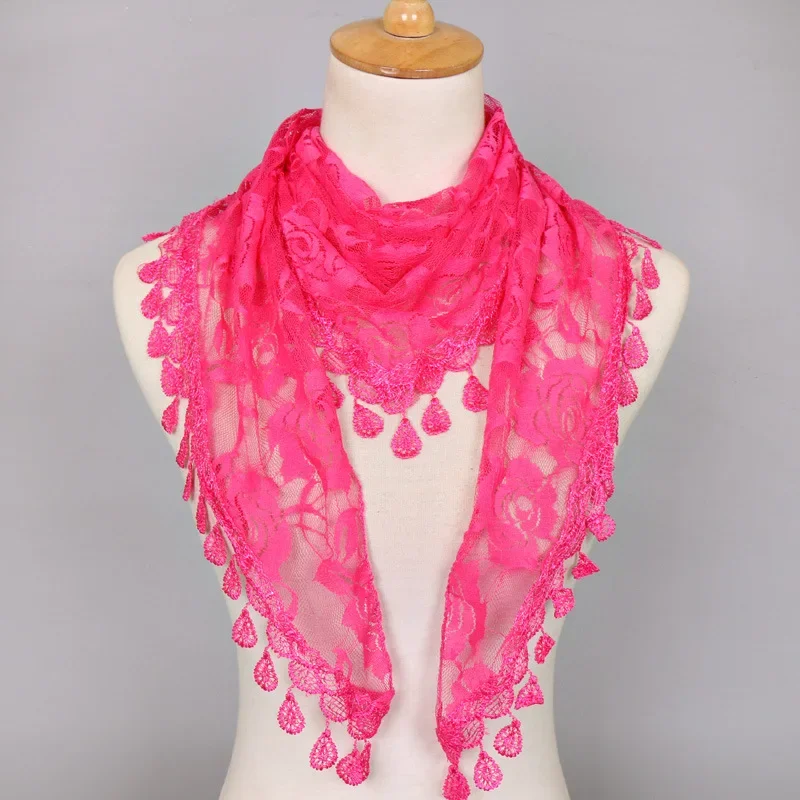 

48*148cm Elegant Lace Triangle Scarf with Rose Tassel - Korean Style Shawl