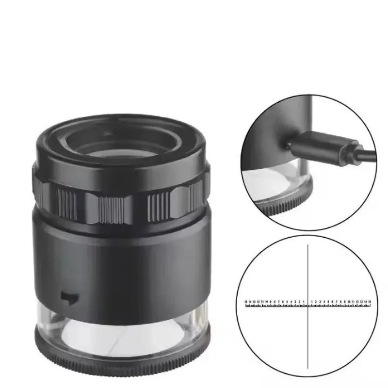 10X Portable Cylindrical Magnifier With Scale USB Charging Optical Magnifying Glass with LED Light