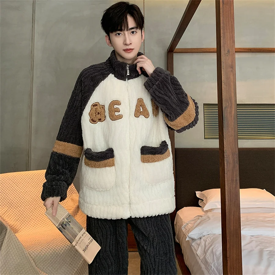 Men\'s Winter Sleepwear for Sleeping Men Warm Pajamas Set 2 Piece Thick Homewear Coral Fleece Nightwear Stand Collar Pajama