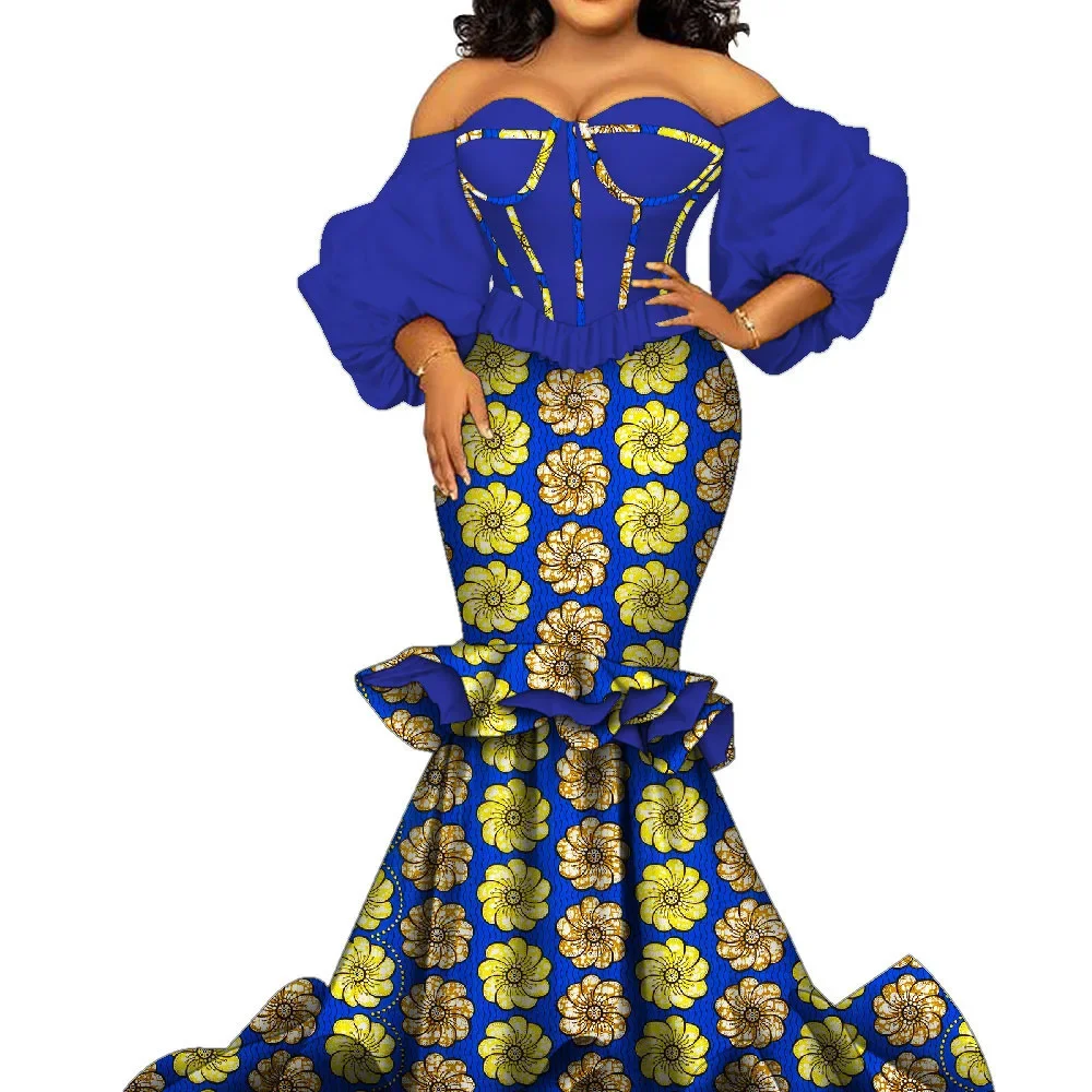 African Women Dresses Riche Cotton African Print Floor-Length Puff Sleeve Party Dress Wedding Dress African Women Clothes Custom