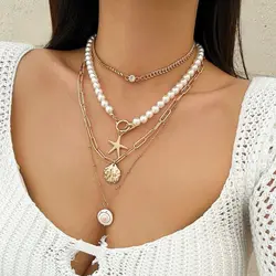 Pendant Shell Multilayer Necklace Pearl Y2K Accessories Conch Clavicle Chain Bohemian Style Starfish Choker Beach Jewelry