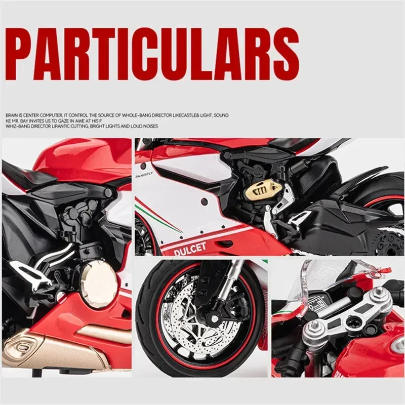 Modelo de motocicleta de aleación Ducati 1199 Panigale 1:12, modelo de motocicleta de carreras de Metal fundido a presión, adorno de luz de sonido, regalos de juguete para niños