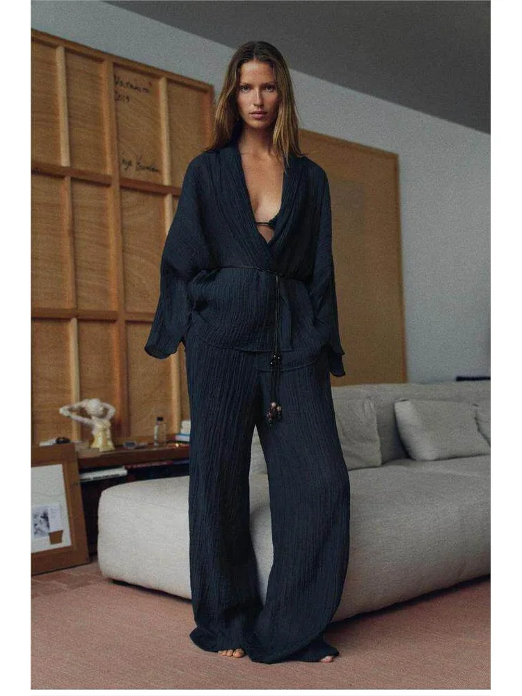 Summer New Half Transparent Wrinkle Effect Jacket 4387333 Wrinkle Effect Pants 4387233 Fashionable Workwear Polyester Fiber L...