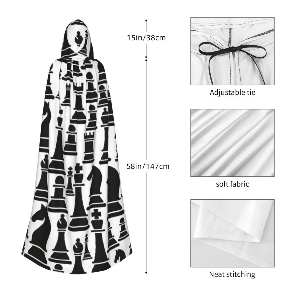 Padrão de xadrez em preto e branco longo com capuz capa bruxa traje medieval cosplay capa halloweencoat adulto unisex