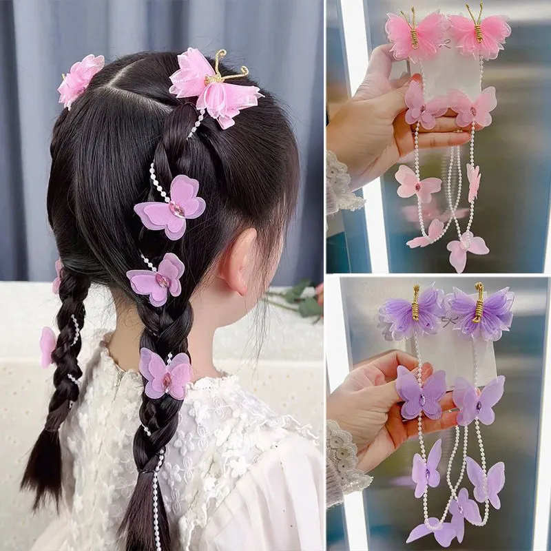 Girls Ancient Style Handmade Butterfly Pearl Chain Braided Hair Clips Princess Fairy Flower Beads Hair Bands Headdresses