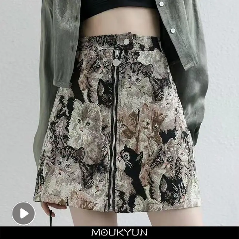 MOUKYUN Harajuku donne modello gatto gonne moda coreana a-line vita alta Vintage Cartoon Streetwear gonna femminile Faldas Mujer