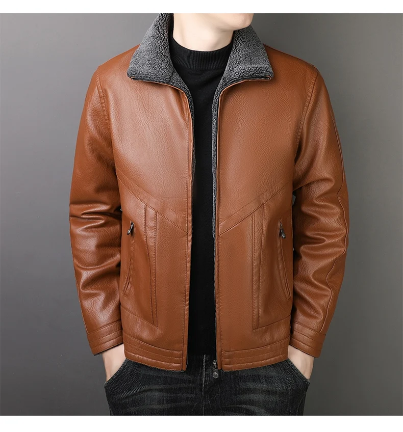 Winter Men\'s Fur Collar Leather Jacket Fashion Simple Solid Color Windproof Cargo Flying PU Leather Coat Vintage Men\'s Wear