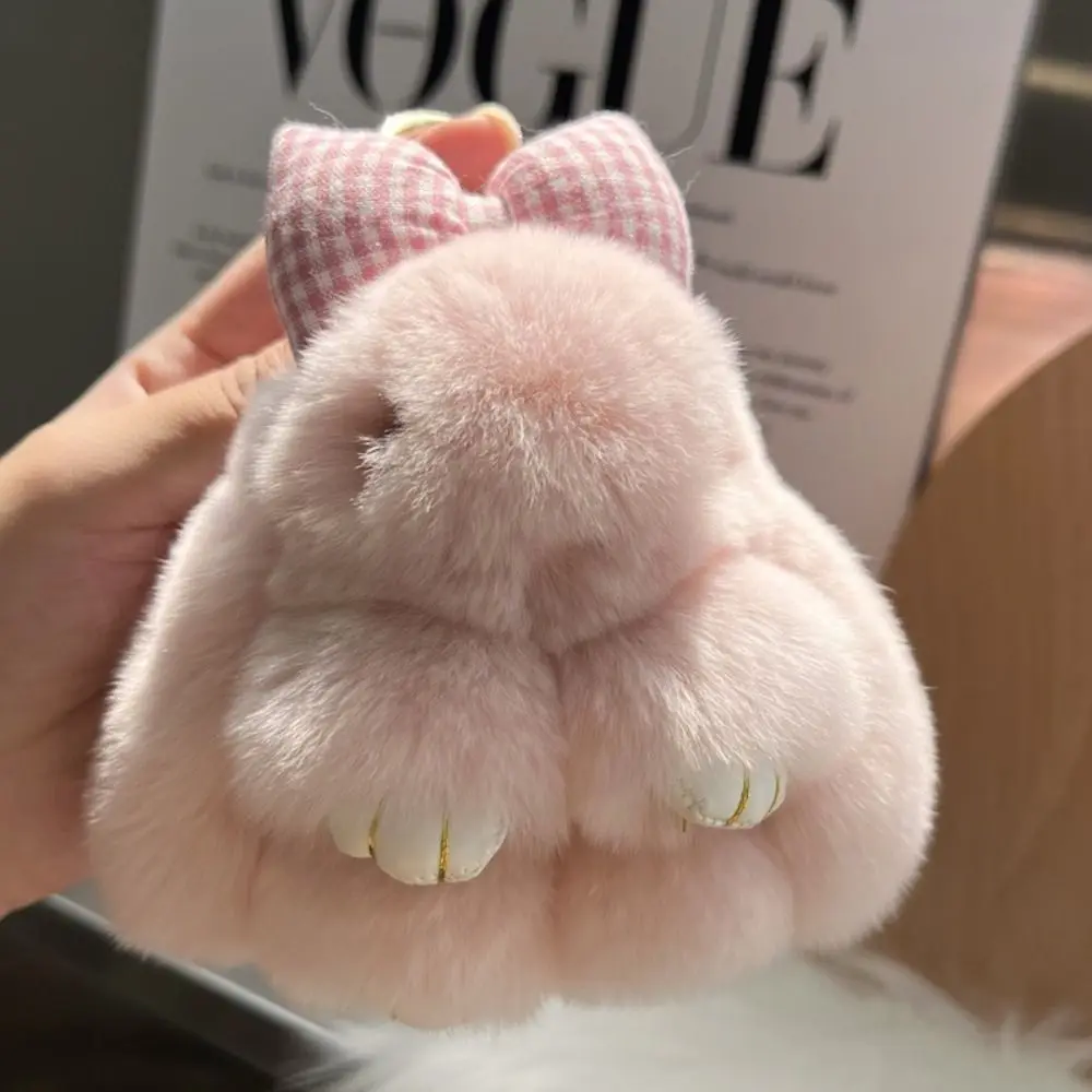 Plush Pompoms Bow Rabbit Pendant Stuffed Doll Cartoon Fluffy Bunny Doll Keychain Hanging Ornament Backpack Key Chain