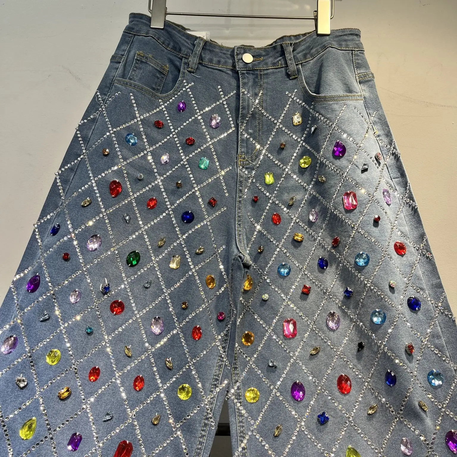 High-end Heavy Industry Plaid Color Full Diamond Fashion Jeans Women 2025 Spring Summer New Design Straight Trousers Black Jeans