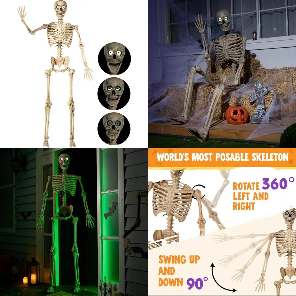 

Скелет на Хэллоуин в натуральную величину с мигающими глазами с голосовой активированной и движущейся челюстью, позитивное всего тела, гигантские кости скелета для лоо