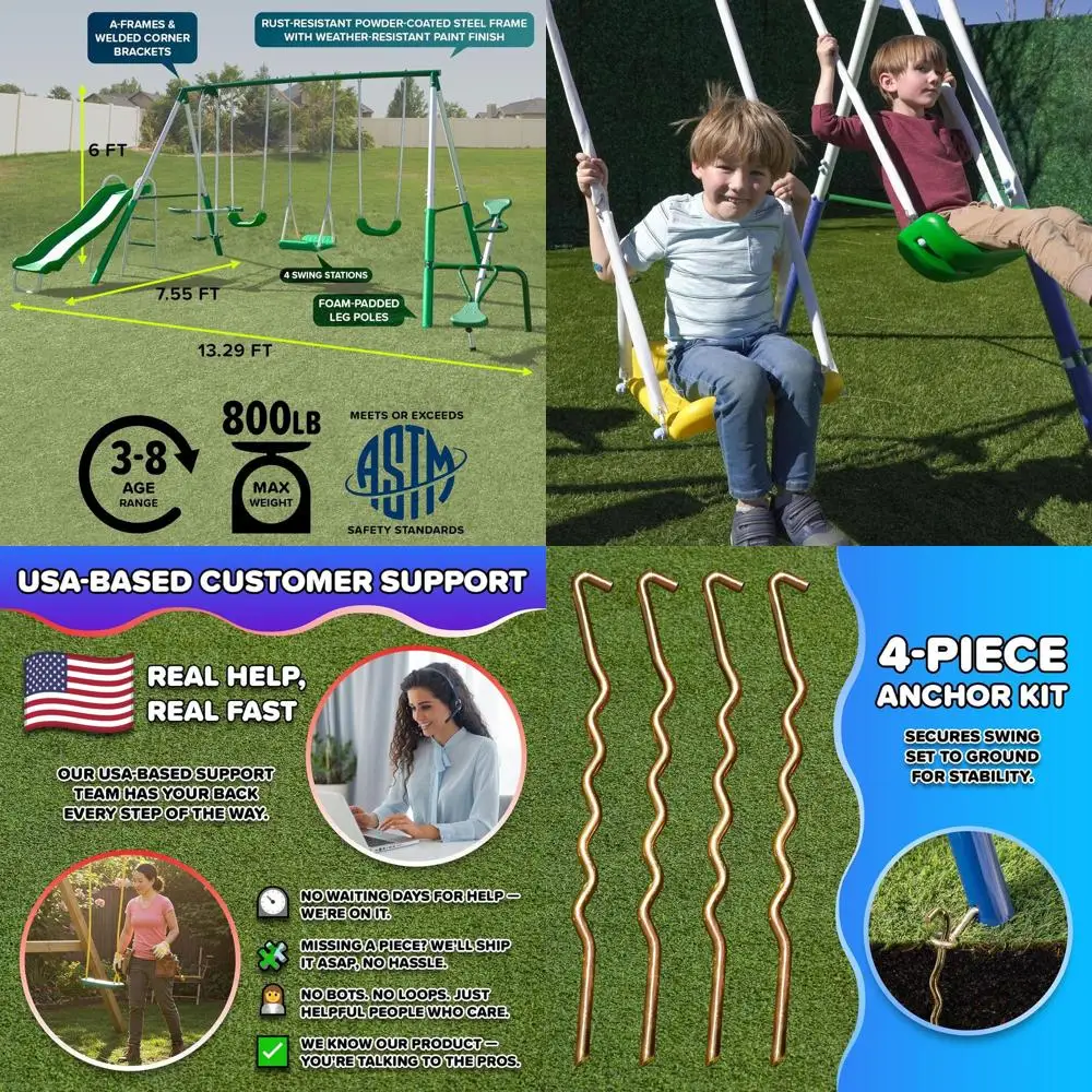 

Металлический игровой комплекс для детей 3-8 лет с 2 качелями, стоячими качелями, качелями-глайдерами, качелями-балансиром, горкой, прочной стальной конструкцией, комплектом для крепления, нагрузка до 800 фунтов.