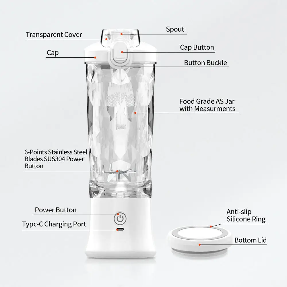 Mélangeur de fruits sans fil portable Ju479, aste par USB, tasse à jus de grande capacité, sports, IPX7, 600ml