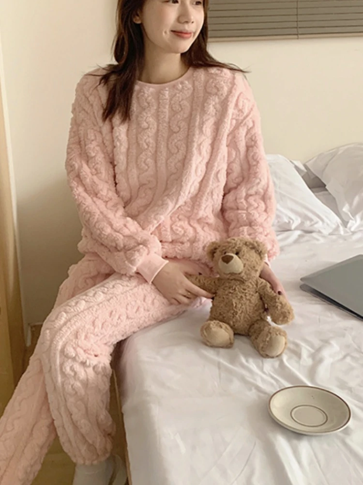 Winter Solid Pajama Sets Women Home Casual Warm Plus Velvet Thicken Sleepwear Tender Students All-match Korean Fashion College