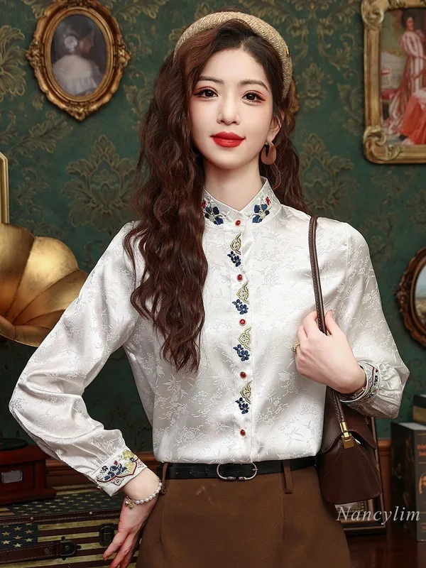 New Chinese Style Long-Sleeved Blouse for Women National Style Machine Embroidery Shirt 2024 Spring Clothes New Buttons Top