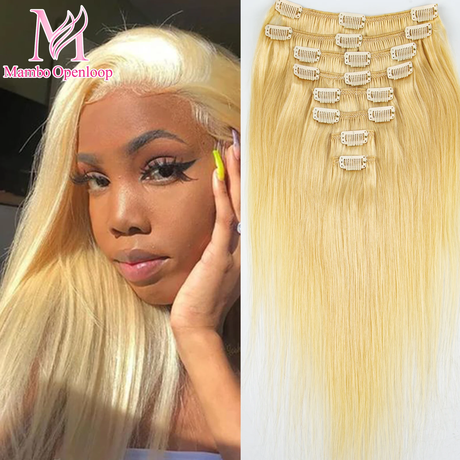 

Blonde Invisible Clip in Hair Extensions 613# 8pcs/set Straight Human Hair Extensions Remy Brazilian Human Hair