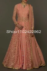 Peach Pink Indian Caftan Prom Formal Dresses with Long Sleeve Jacket Gillter Lace Sequins Muslim Morocco Evening gown